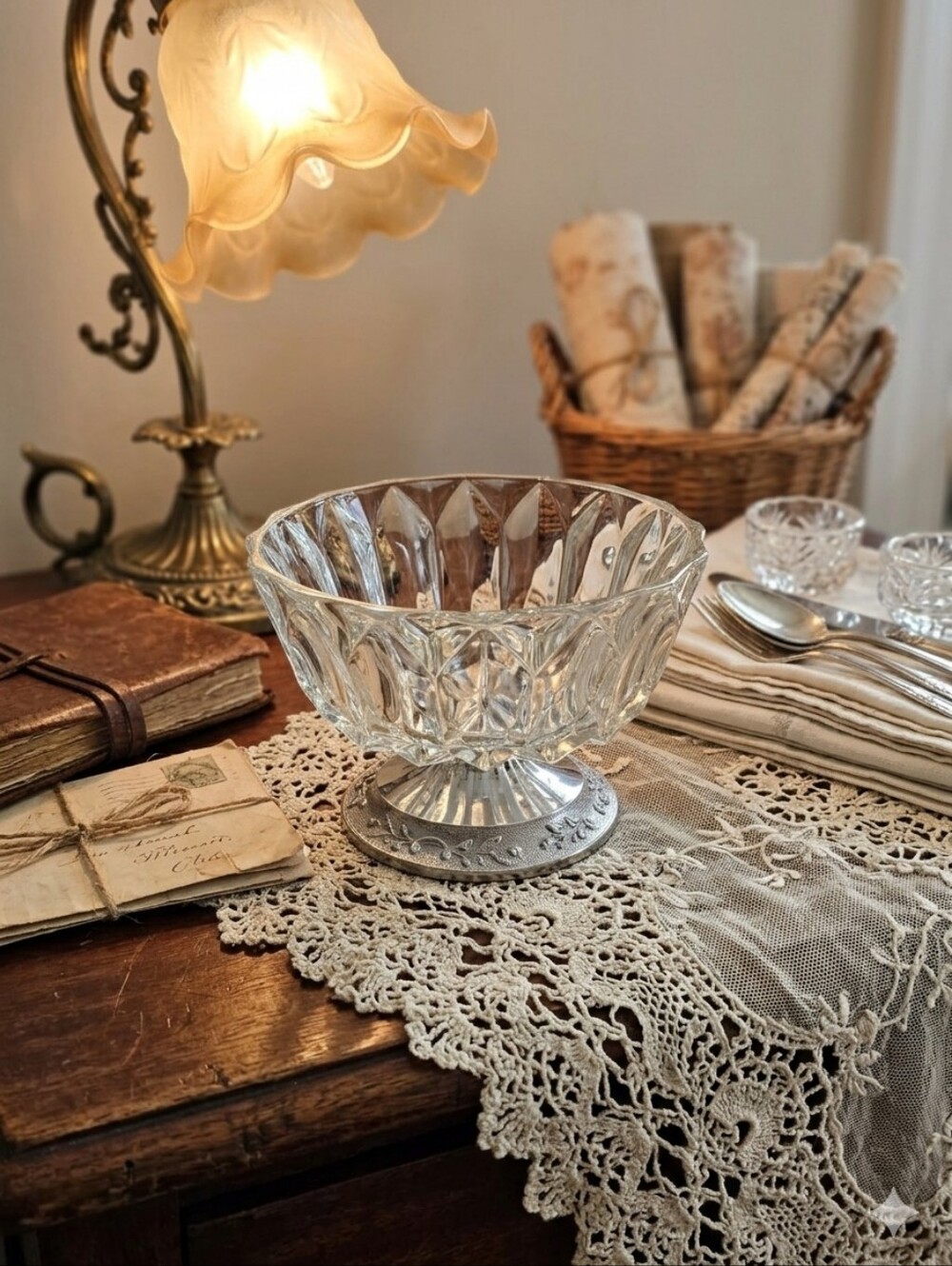 Vintage English Diamond Glass & Silver Plate Pedestal Bowl